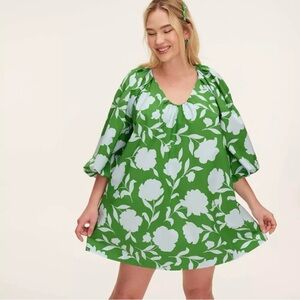 Kate Spade x Target Green Rose Poplin Cotton Puff Sleeve Mini Dress Size Medium